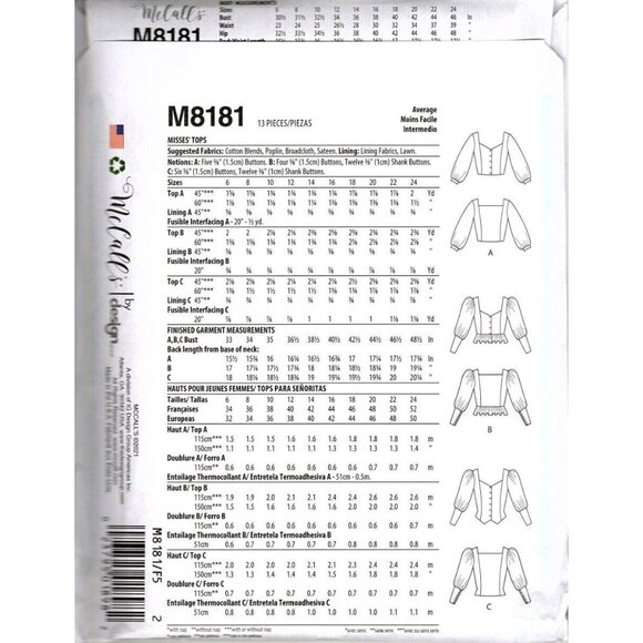 McCall's M8181 Misses 16 to 24 Button Front Tops Uncut Sewing Pattern New - Picture 2 of 2